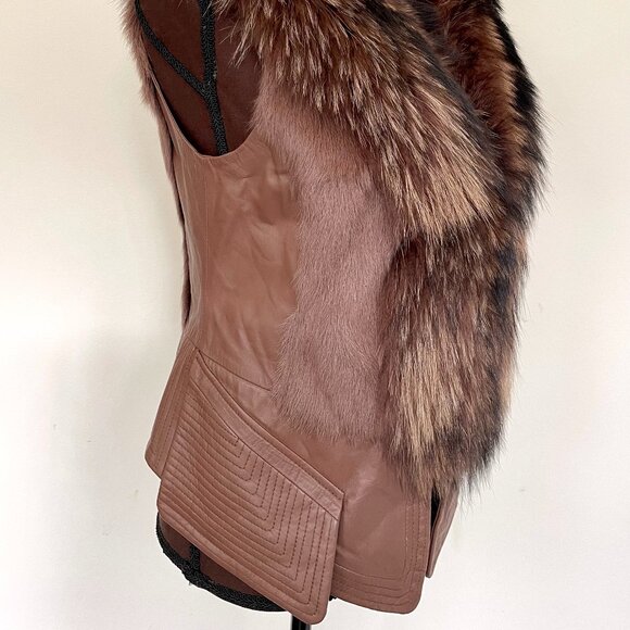 NWOT Tan Brown Leather Vest Real Fox Fur M size - Picture 12 of 16